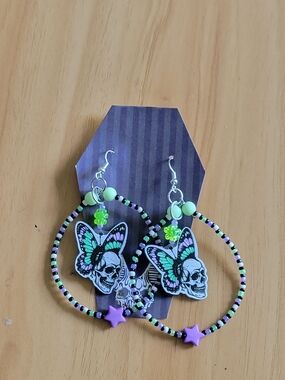 🧋NEW🧋Hand Crafted Butterfly Skull Hoop Earrings - Purple & Mint